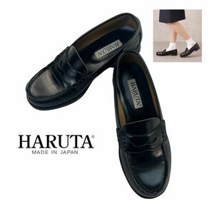 人気 HARUTA ハルタ コインローファー 革靴 サイズ23 1/2(23.0-23.5cm) ブラック レザー 学生靴 通学 履きシワ有 日本製 レディース A2360