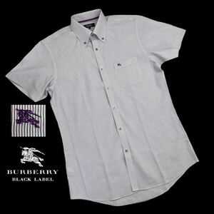 新品同様 BURBERRY BLACK LABEL バーバリーブラックレーベル 半袖シャツ サイズ41/L相当 パープル ホワイト ストライプ柄 ほぼ未使用 A2393