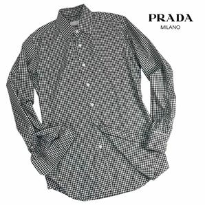 定価約8万 極美品 PRADA プラダ ドレスシャツ 長袖シャツ サイズ38/15(M相当) ギンガムチェック柄 08ss 黒/灰/白 イタリア製 最高級 A2421の画像1