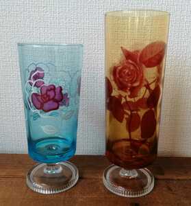 昭和レトロ☆薔薇柄脚付きグラスセット