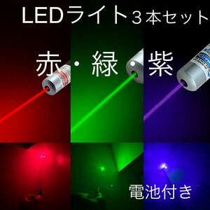 【電池付き】強力LEDライト 赤　緑　紫　3色まとめてセット　ポインター　カラス駆除　猫おもちゃ　LED 