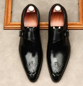 モンクストラップ 牛革 ビジネスシューズ 本革 レザーシューズ メンズ 鰐柄 職人手作り 紳士靴 革靴 新品 ブラック 黒