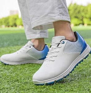 ゴルフシューズ メンズ 新品 スニーカー 運動靴 ダイヤル式 防水 防滑 耐磨 軽量 耐久性 強いグリップ スパイク靴 紳士 白*ブルー