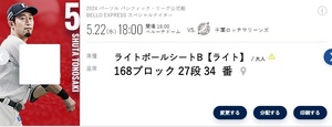 5/22(水)西武　vs　ロッテ ライトポールシートB　連番　②