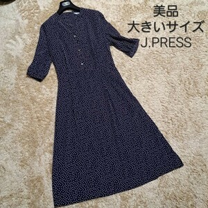 美品　J.PRESS　ジェイプレス　ロングワンピース　ドット　洗えるワンピース 大きいサイズ　希少サイズ 半袖 春 夏 2XL程 T15 Aライン