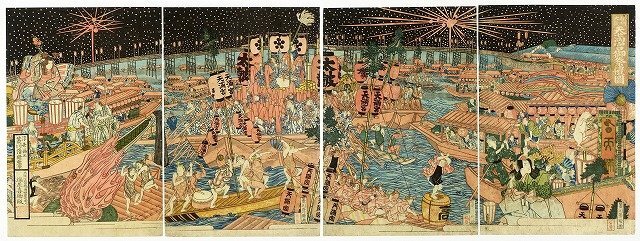 Kiyoharu Hishikawa 绘制的节周大阪天满宫祭插图四联, 绘画, 浮世绘, 打印, 歌舞伎图片, 演员图片