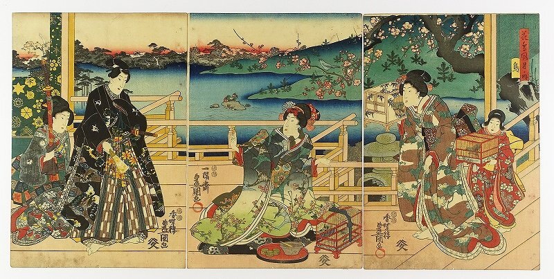 Blumen, Vögel, Wind, und Mond, Vogeltriptychon (Genji-Bild), gemalt von Toyokuni III, Malerei, Ukiyo-e, drucken, Kabuki-Bild, Schauspielerbild