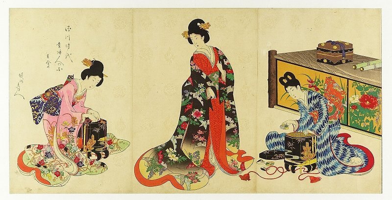 徳川時代貴婦人の図 貝合せ 三枚続 周延画, 絵画, 浮世絵, 版画, 歌舞伎絵, 役者絵