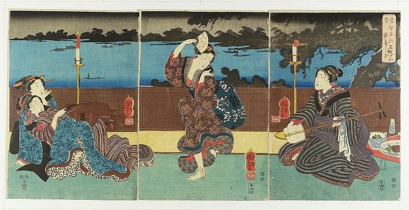 当盛今戸の夜げしき 三枚続 (美人画 風俗) 国芳画, 絵画, 浮世絵, 版画, 歌舞伎絵, 役者絵