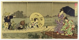 Art hand Auction Tríptico Ferry on the Ink Embankment (Mujeres hermosas/Entretenimiento) de Shunobu, cuadro, Ukiyo-e, imprimir, imagen kabuki, foto del actor