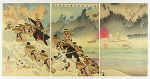 Art hand Auction Captain Higuchi's Orphan's Struggle: Triptych (Sino-Japanese War), illustrated by Kiyochika Kobayashi, painting, Ukiyo-e, print, Kabuki picture, Actor picture