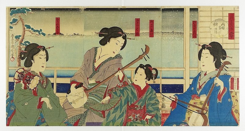 月雪花雪两国柳桥益田郎三联画(美人画流派)国西画, 绘画, 浮世绘, 打印, 歌舞伎图片, 演员图片