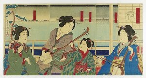 Art hand Auction Lune Neige Fleurs Neige Ryogoku Saule Bashi Masudaro Triptyque (Genre de peinture de beauté) Peinture Kunishika, peinture, Ukiyo-e, imprimer, Image Kabuki, Photo d'acteur