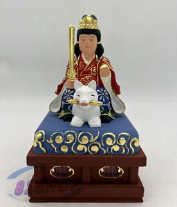 「81SHOP」 極彩色 荼吉尼天騎狐像 四角台座付 桧木 木彫り仏像 総高19cm