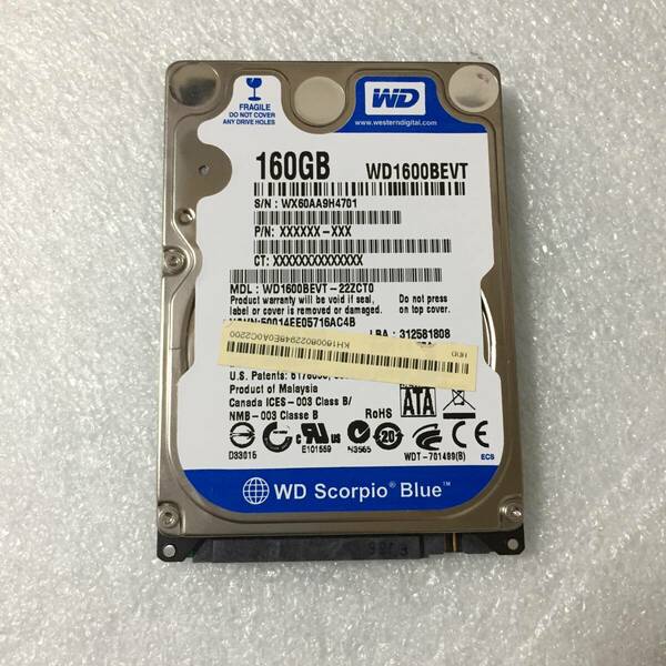 ★11666時間 Western Digital WD1600BEVT 2.5インチHDD『正常判定』160GB