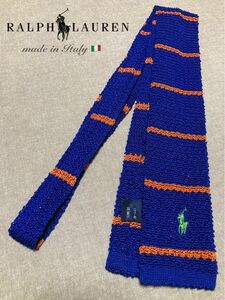 【美品】Ralph Lauren／ラルフローレン／ニットタイ／ボーダー／ロイヤルブルー／オレンジ／刺繍ロゴ／イタリア製