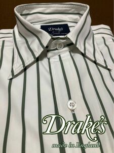 【極美品】Drake's／ドレイクス／ロンドンストライプ／ロングポイントカラー／カーキ／モスグリーン／38