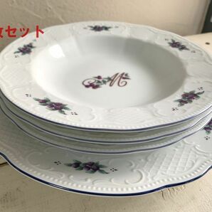 ◆A05◆Many マニー ロココシリーズ ブルー プレートセット サイズ22.5/27/㎝ 4枚セット スープ皿・中皿 フランス食器の画像1