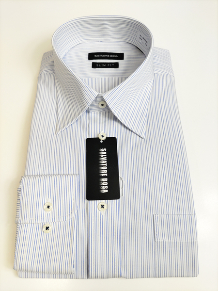 形態安定シャツ 40-80 スリムフィット 綿100％ ブルーストライプ レギュラーカラー 長袖 新品 カッターシャツ 5BA005S-1