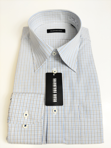 形態安定シャツ 40-80 ブルー チェック 綿100％ レギュラーカラー 長袖 新品 カッターシャツ 5BA004S-2