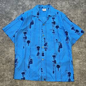 Vintage 50s 60s Aloha Shirt アロハシャツ 古銭ボタン 開襟 オープンカラー ブルー 50年代 60年代 ヴィンテージ ビンテージの画像1