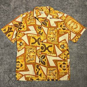 Vintage 70s Aloha Shirt アロハシャツ 古銭ボタン 総柄 ブラウン イエロー 70年代 ヴィンテージ ビンテージ USA製