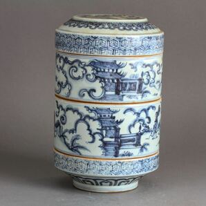 【久】1708 青花風景人物紋三段重 時代品  唐物 中国美術 青花 の画像1