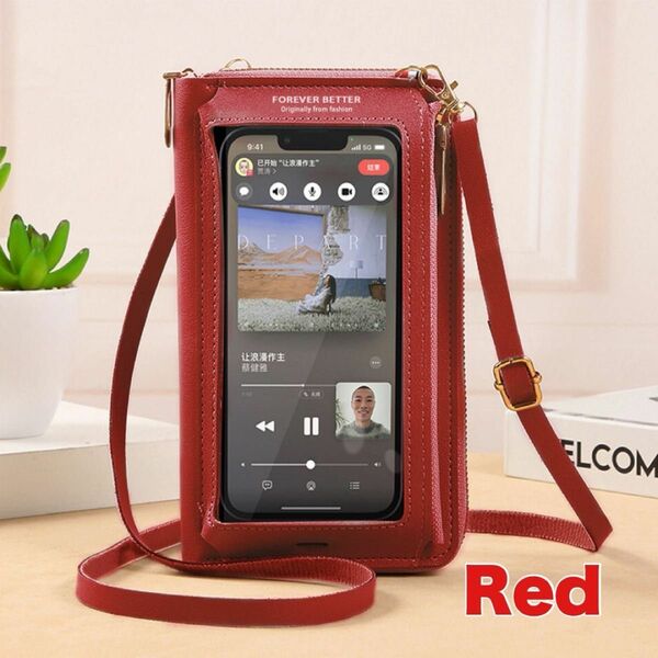 【新品未使用】スマホショルダー 赤 レッド 財布 一体型 コンパクト 旅行 行楽 シンプル スマホポーチ