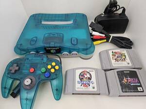 [ beautiful goods ][ operation verification settled ] NINTENDO 64 clear blue body [NUS-001] controller memory enhancing pack soft attaching full set ①