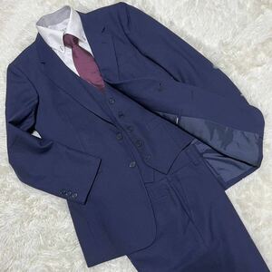 1 jpy [ beautiful goods ]DANCUS men's suit three-piece 2B navy stripe business commuting M size 