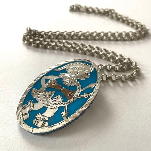 MEXICO メキシカン ヴィンテージ インディアンジュエリー SILVER925 ネックレス ブルーエナメル ブローチ 作家物