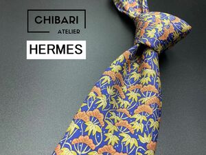 【超美品】HERMES　エルメス　リーフ柄　ネクタイ　3本以上送料無料　ブルー系　0501161