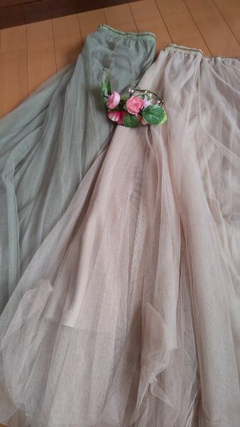 品　チュールスカート　くすみピンク　くすみグリーン　2枚セット