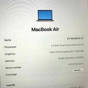 SDG31676相 Apple MacBook Air A1932 Retina 13インチ 2018 Core i5-8210Y メモリ8GB SSD128GB 直接お渡し歓迎の画像3