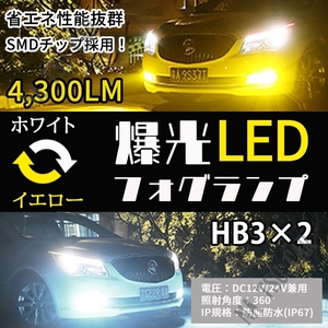 HB3 2色切替式 イエロー ホワイト LED フォグランプ フォグライト 12V 24V 最新LEDチップ 大特価