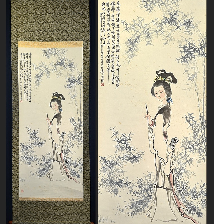 [Alte Sammlung derselben Familie] Authentisches Werk des chinesischen Tuschmalereikünstlers Yang Yongju's Tang Beauty Direktor der Chinesisch-Japanischen Akademie für Kalligraphie und Malerei Mitglied der China Artists Association Chinesische Kunst Hängerolle Hängerolle Kalligraphie, Malerei, Japanische Malerei, Person, Bodhisattva