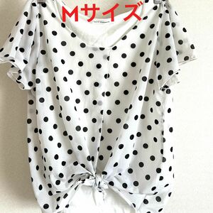 【最終SALE】　半袖　ノースリーブ　ドット柄　ホワイト　M Tシャツ　シフォン　レディース　フリル　薄手　カジュアル　オフィス