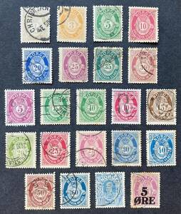 [noru way ]1893-1927 year issue : ordinary stamp ( country name selif have + horn navy blue 7.. image )22 kind used superior article ~ beautiful goods 