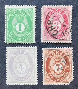 【ノルウェー】1872-75年発行：クラシック切手 4種 未済混　＊1枚難有品（下角欠け）＊未使用切手は OH/美品