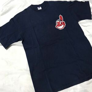 当時物 MLB クリーブランド インディアンス 現ガーディアンズ ワフー酋長 半袖Tシャツ 米国製 スターター メンズLサイズ ネイビー USA製