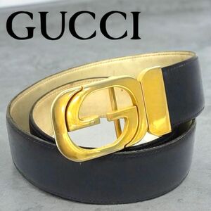 GUCCI オールドグッチ レザー ベルト ゴールド金具　ヴィンテージ　ブラック