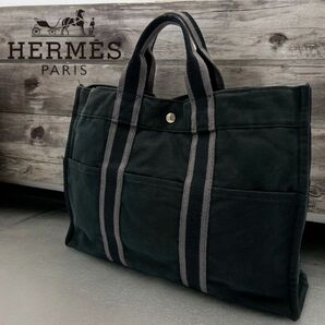 HERMES エルメス フールトゥMM キャンバス トートバッグ シルバー金具　ブラック黒