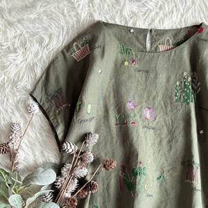 ① Итиномия волокно Noah -junoa-ge лен linen вышивка French рукав тянуть over блуза большой размер L