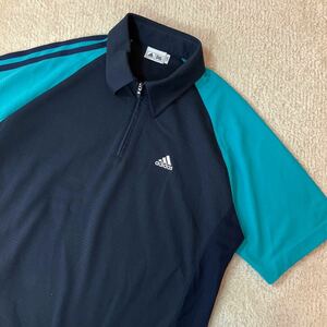 ●人気【春夏】adidasGOLF アディダスゴルフ 2トーン ハーフジップ 半袖 ポロシャツ/ネイビー×ライトブルー/サイズL/メンズ/スポーツ 