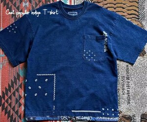 ★マスト！最強 ヘヴィ インディゴ 本藍染 刺繍 ステッチ TEE Tシャツ ブルー M〜2XL メンズ オーバーサイズ 大きいサイズ デニム★411