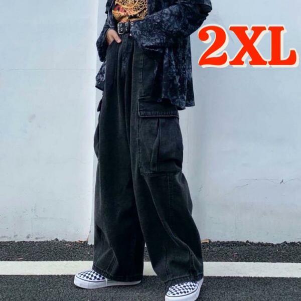 ワイドカーゴパンツ オールブラック 2XL デニム 男女兼用 ストリート