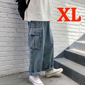  wide cargo pants blue XLwoshudo Denim man and woman use Street 