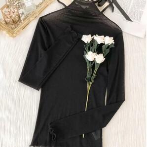 シアートップス ブラック メロウ襟・袖・裾 カットソー 透け感 伸縮性 韓国の画像5