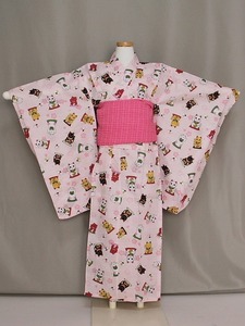  girl .. settled yukata G8219-P110 free shipping single goods for girl. ... small of the back string attaching maneki-neko pattern. yukata size 110