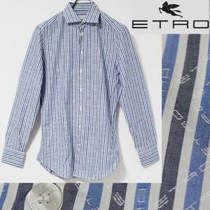 新品 ETRO エトロ イタリア製 トリックジャガードロゴ ストライプ長袖ドレスシャツ M相当　Ｋ3494